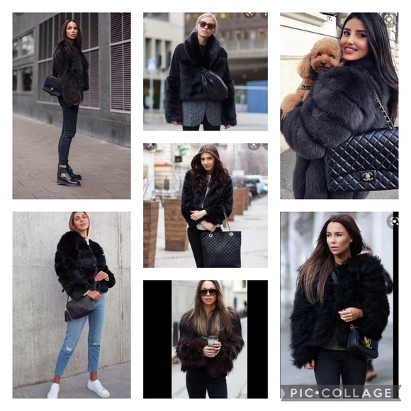 Real 100 rabbit fur jacket with real fox collar & pockets black medium - Picture 2 of 13